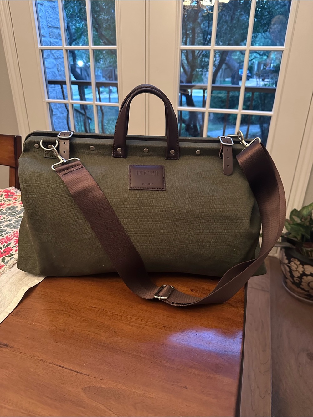 Canvas Weekender Duffel Bag - Olive Green with Brown Leather Trim